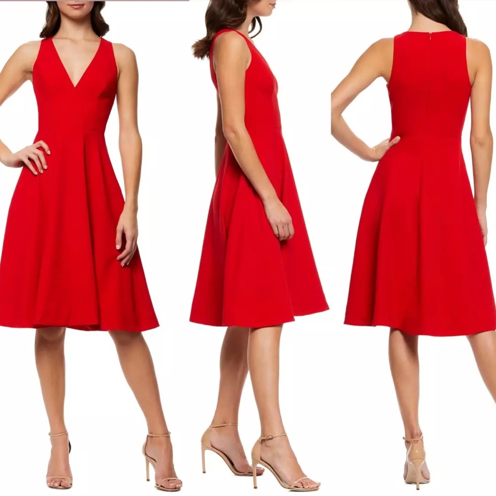 Dress the Population Catalina Rouge Red Fit & Flare Crepe Dress Size Medium